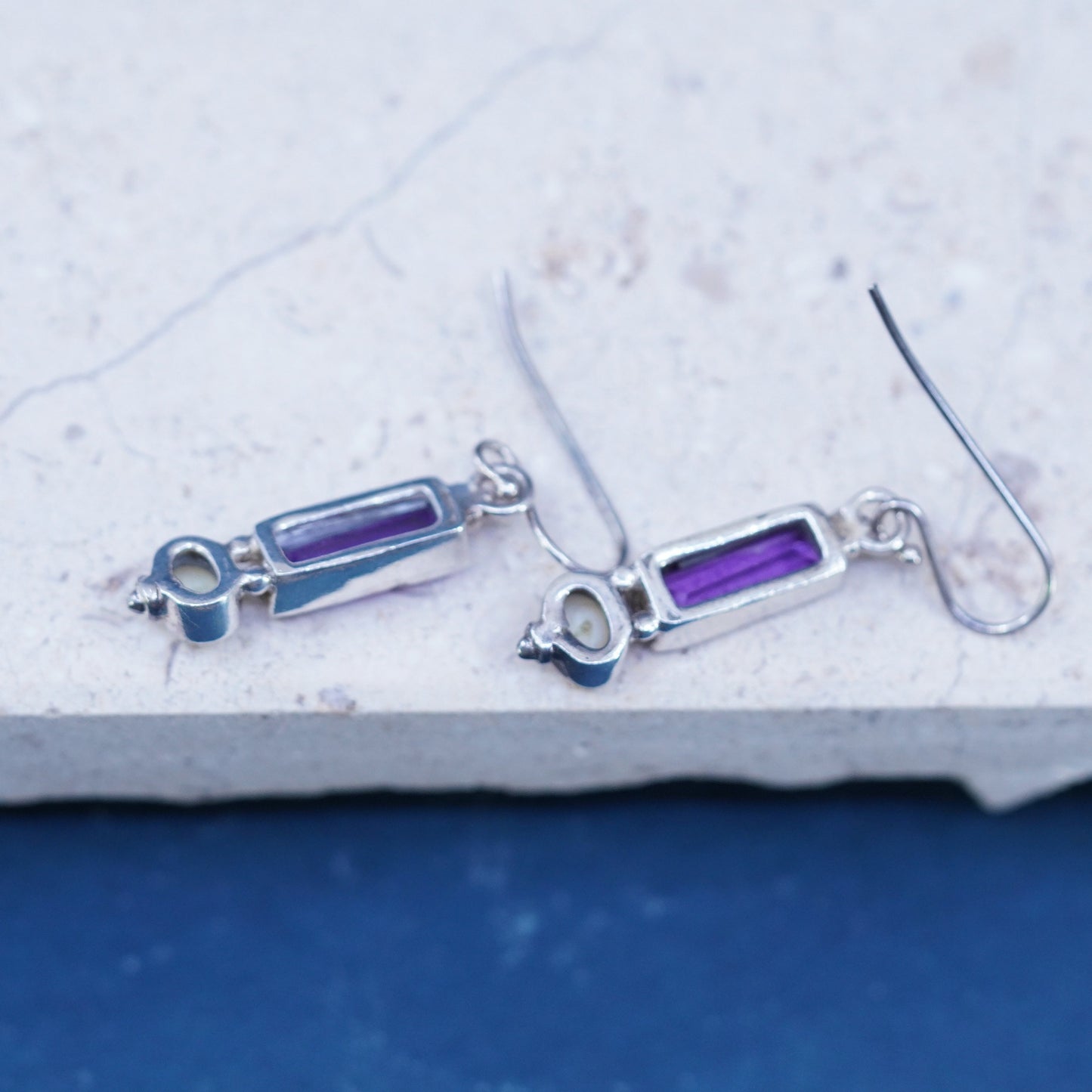 Vintage sterling 925 silver handmade earrings with amethyst and pearl