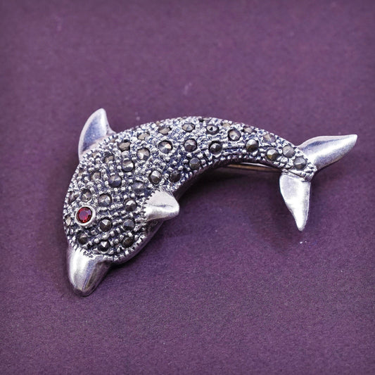 Vintage handmade sterling silver long brooch, Solid 925 dolphin marcasite