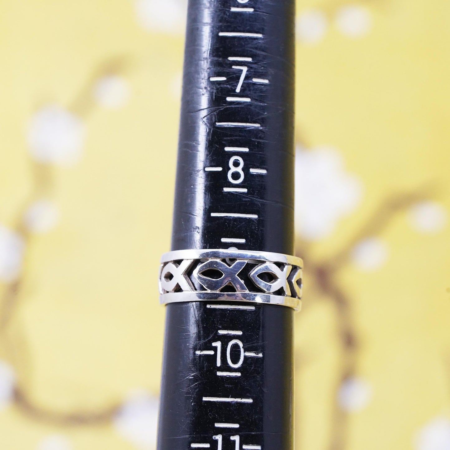 Size 8.75, Sterling Silver 925 Openwork Fish Band, Ichthys Christian Fish Ring
