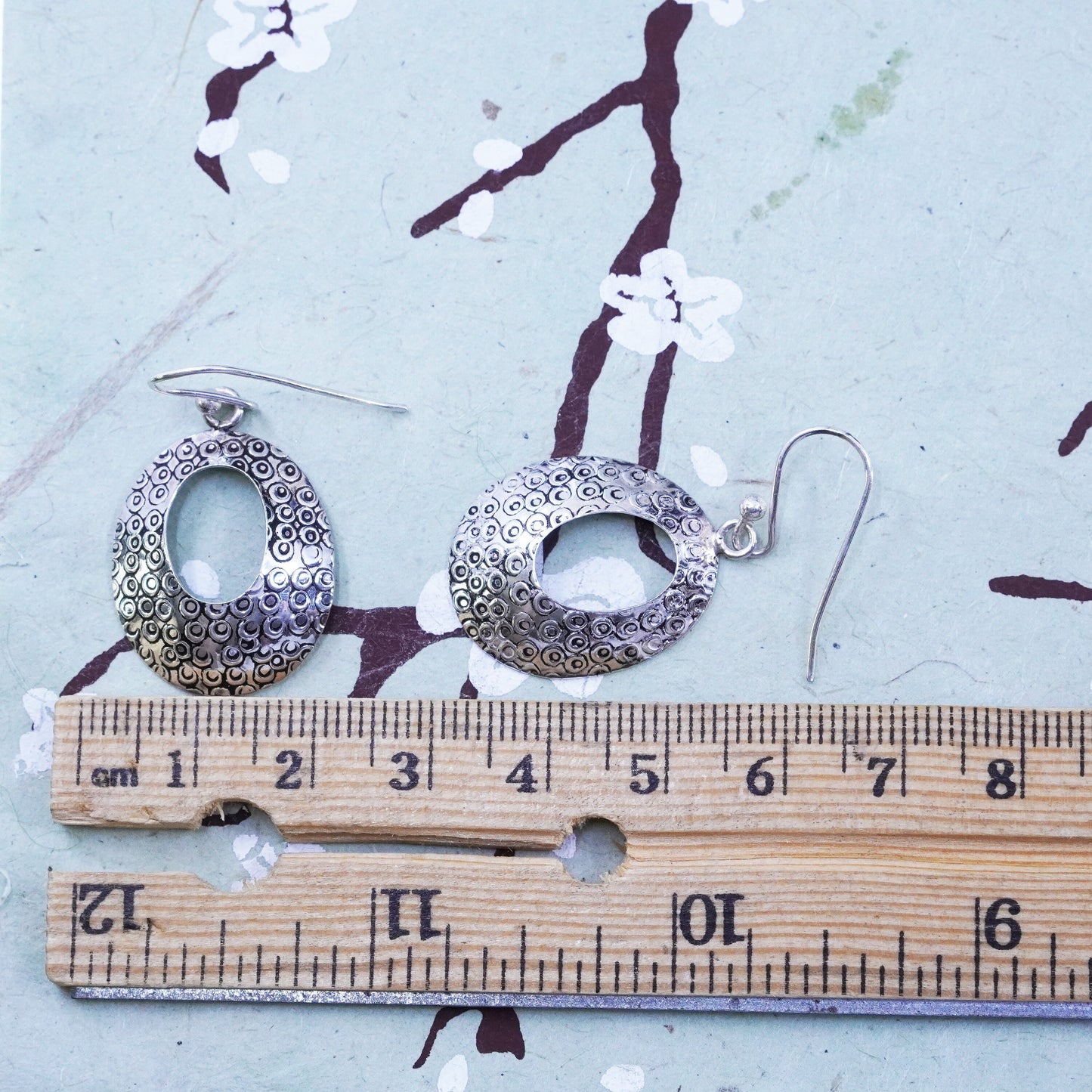 Vintage Sterling silver handmade earrings, textured 925 oval dangles
