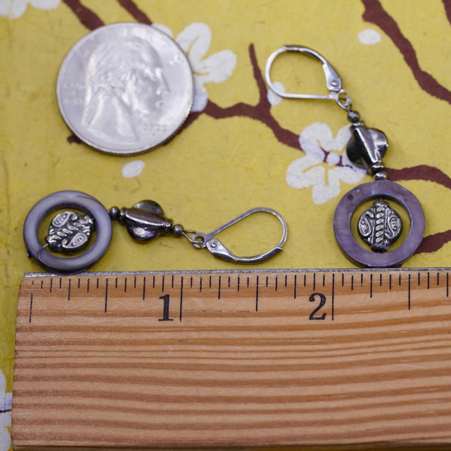 Vintage Sterling 925 silver handmade earrings with abalone circle dangles