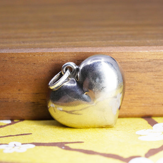 Vintage Sterling silver handmade heart pendant, puffy 925 heart