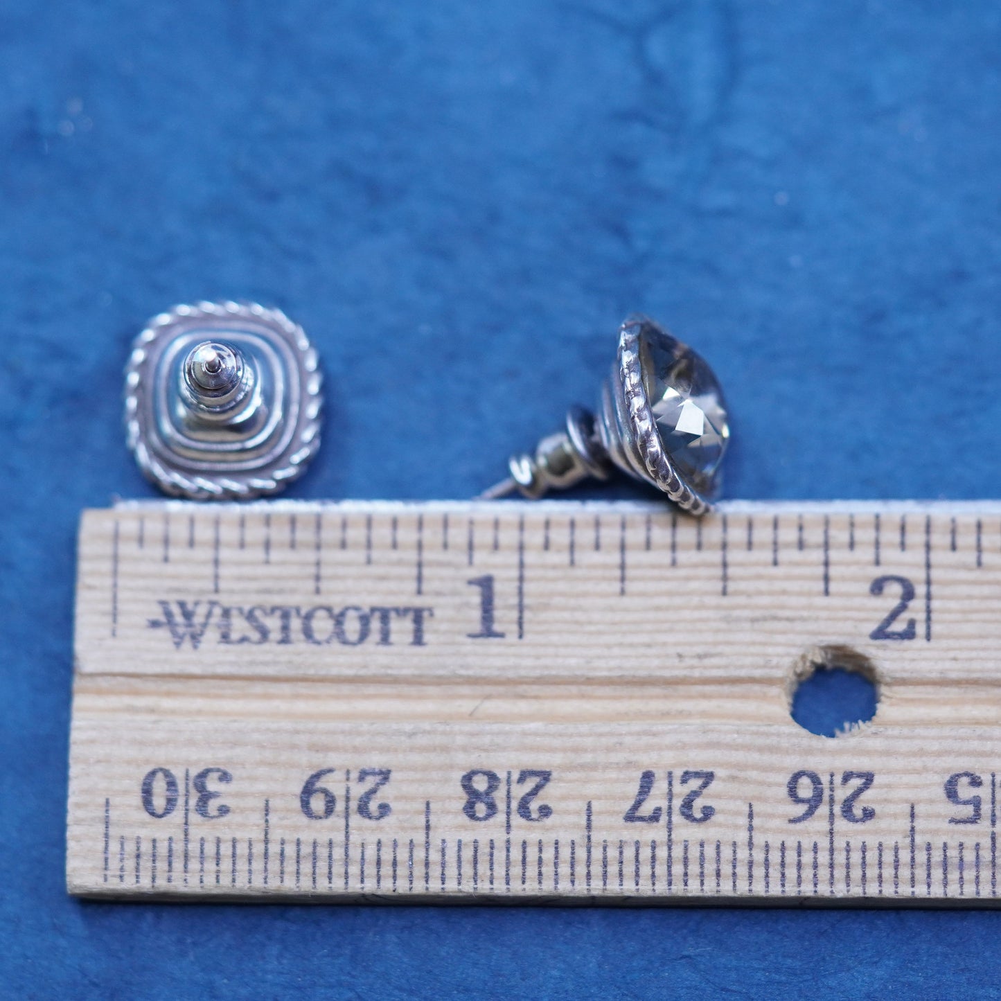 Vintage sterling silver handmade earrings, square 925 studs with CZ inlay