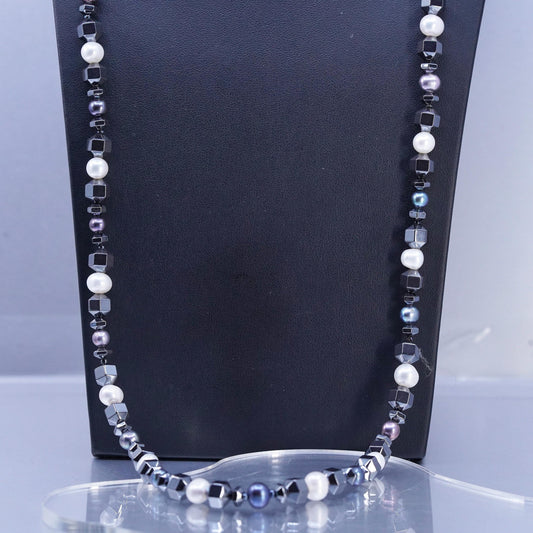 32”, Vintage Sterling 925 silver extra long necklace with hematite pearl beads