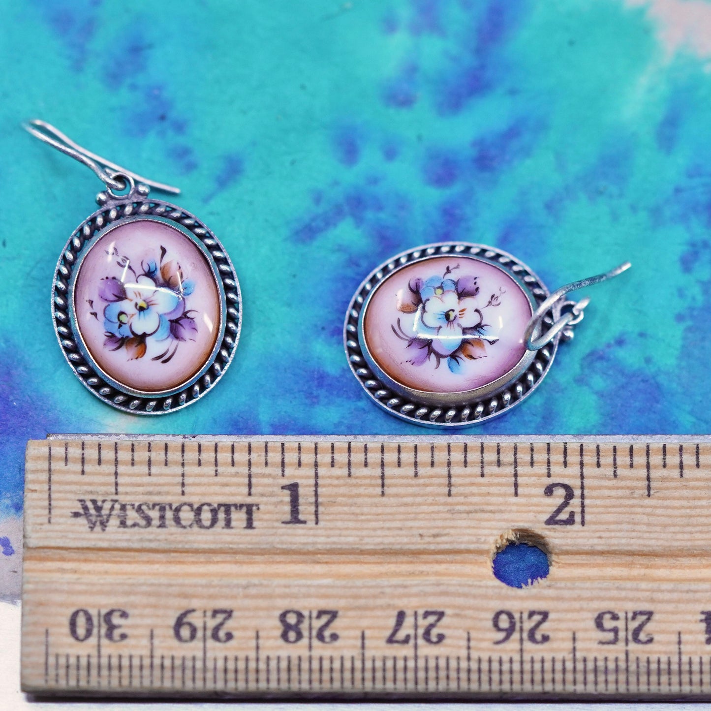 Vintage Sterling 925 silver handmade earrings with pink flower