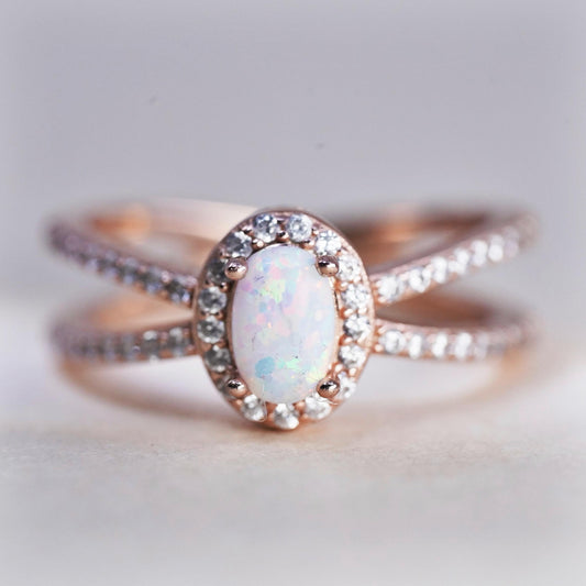 Size 4, vintage rose gold plated Sterling 925 silver ring with round opal cz