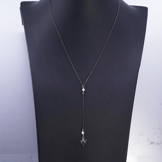 16”, Sterling silver necklace, 925 circle chain fossilized shark teeth pendant