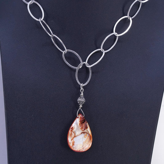 18”, Vintage Sterling 925 Silver Oval Chain W/ teardrop blister pearl pendant
