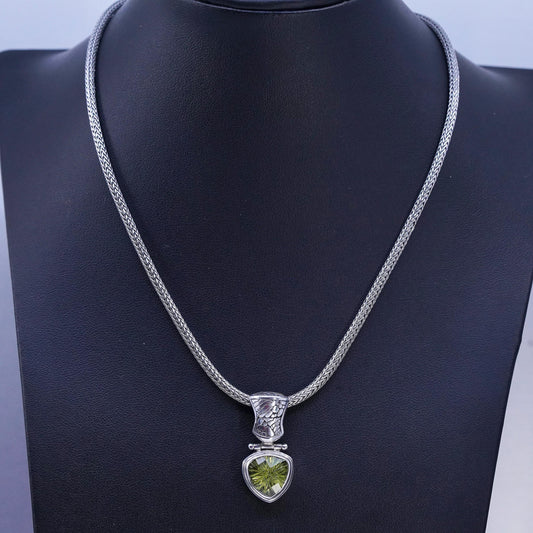 16" Sterling 925 silver bold wheat chain necklace trillion cut peridot pendant