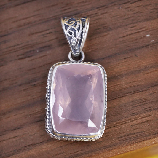 Vintage Sterling silver handmade pendant, textured 925 emerald cut pink quartz