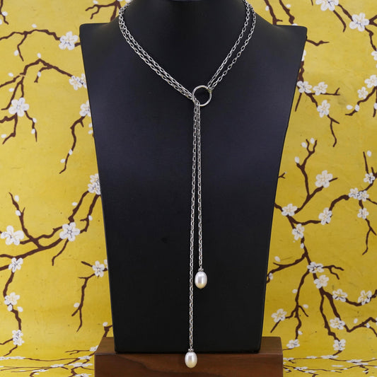 16", VTG Sterling 925 silver double strands oval chain choker necklace pearls