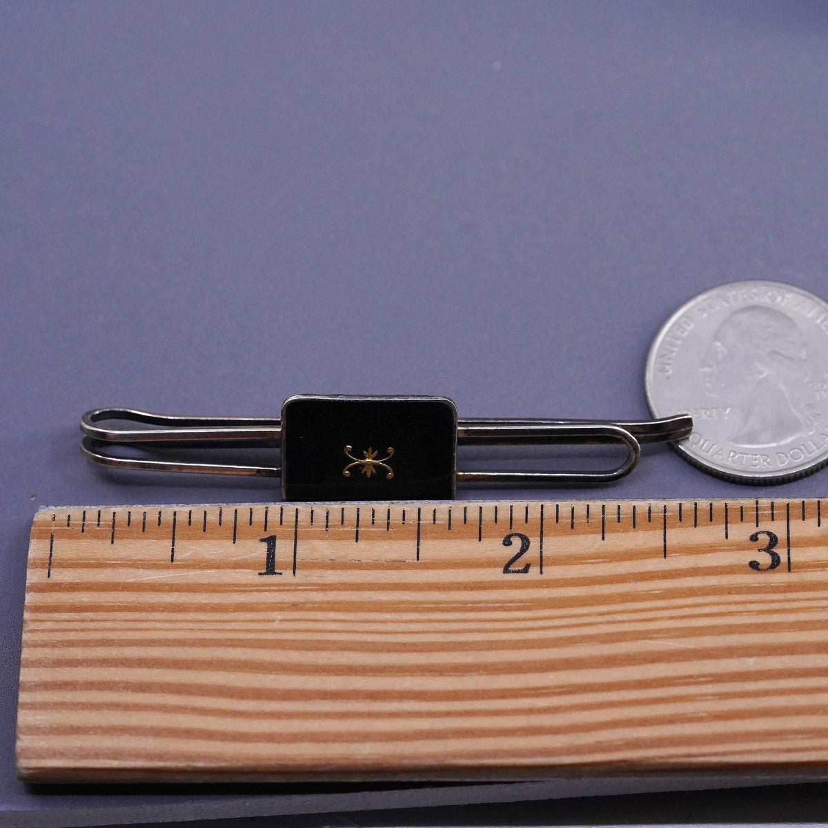 gold tone 830 Silver Black Enamel Tie Bar Gold Inlay Mid Century Men’s Jewelry