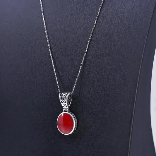 21", vintage Sterling 925 silver handmade box chain necklace red Onyx pendant