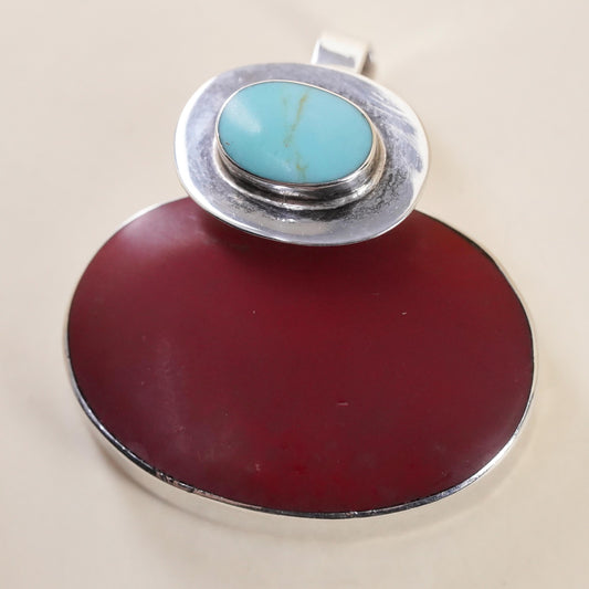 Vintage Mexican sterling silver pendant, double oval 925 onyx turquoise inlay