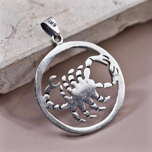 Vintage Mexican sterling silver handmade pendant, 925 scorpion circle tag