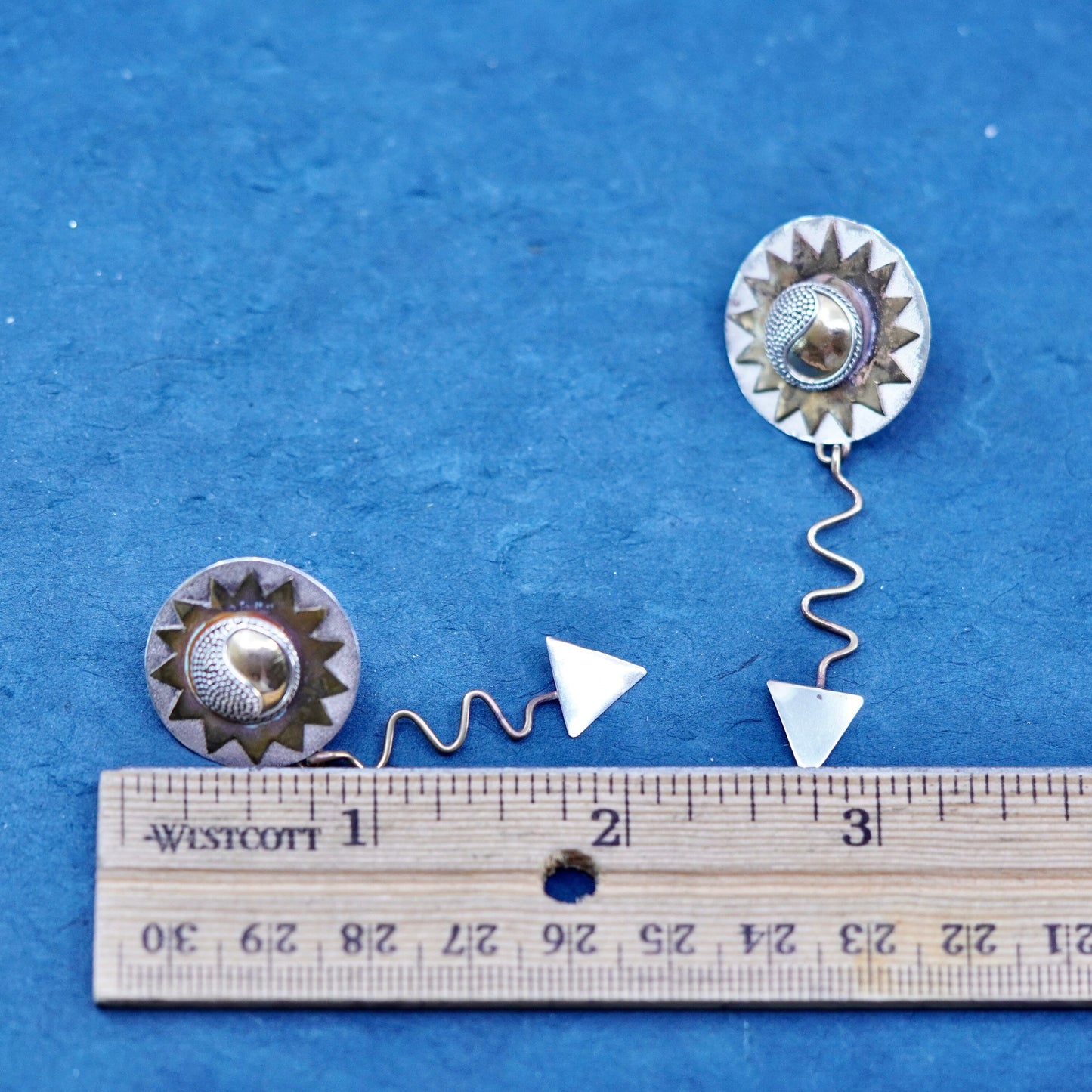 Vintage two tone Sterling silver handmade earrings, 925 sun studs w/ brass trim