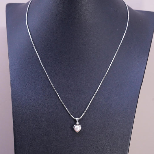 18", vintage sterling silver necklace, 925 snake chain with heart pearl pendant