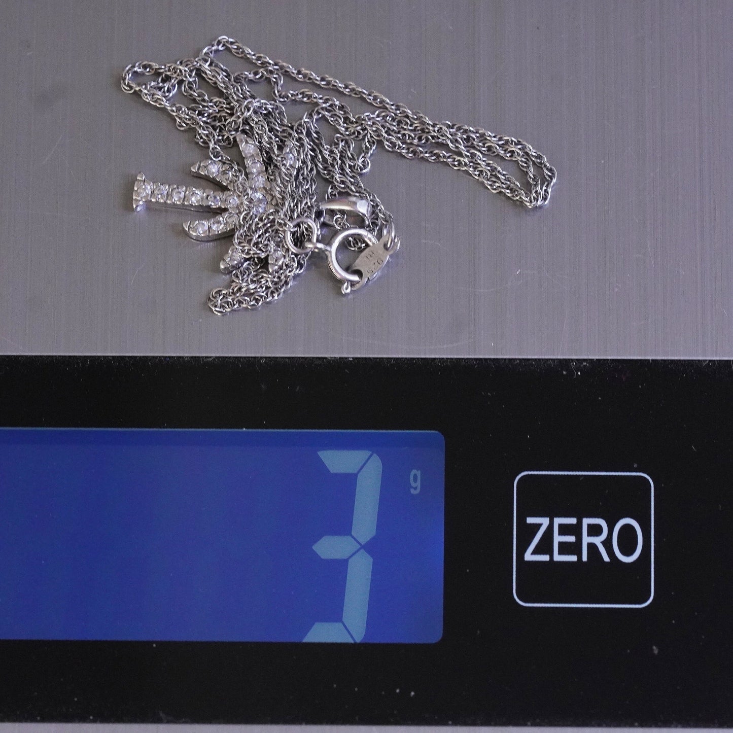 18", VTG sterling silver necklace, circle chain cluster cz palm tree pendant