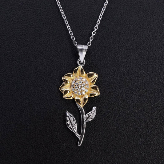 Aphrodite Jewelry, Sterling 925 silver necklace two tone sunflower pendant