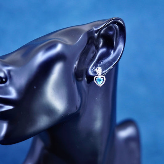 Vintage sterling 925 silver handmade heart earrings with blue topaz and cz