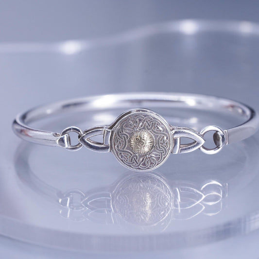 7”, two tone Irish Sterling 925 silver bracelet, hinged bangle 14K yellow gold