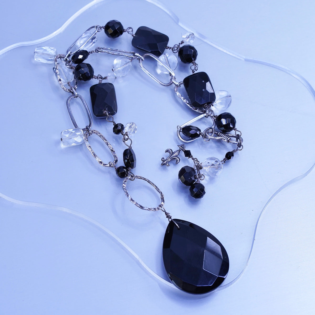 16”, Sterling 925 silver crystal obsidian beads necklace teardrop pendant