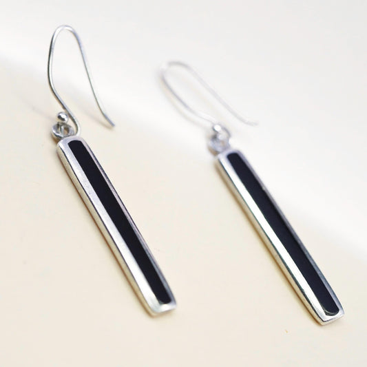 Vintage Sterling silver handmade earrings, 925 long dangles with enamel inlay