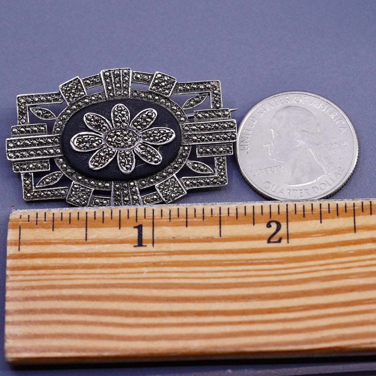 Sterling 925 Silver Onyx Marcasite Brooch Pin Art Deco Ornate Floral Jewelry