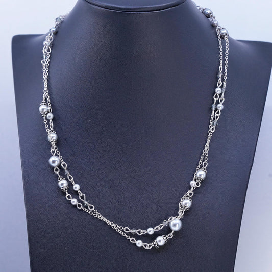 18” VTG double strands faux gray pearl necklace with 925 sterling Silver floral