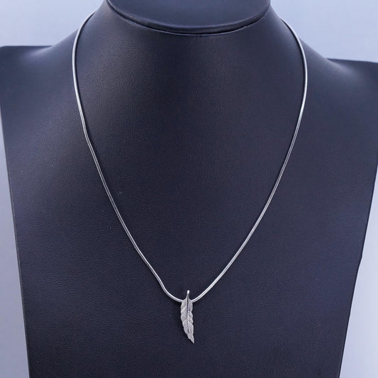 16”, vintage Sterling 925 silver handmade snake chain necklace feather pendant