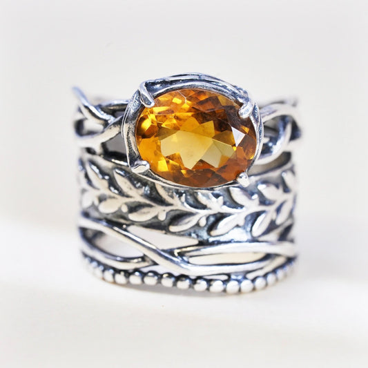 Size 6, VTG Israel PZ Israel Sterling Silver Oval Citrine Ring, Leaf Vine Band