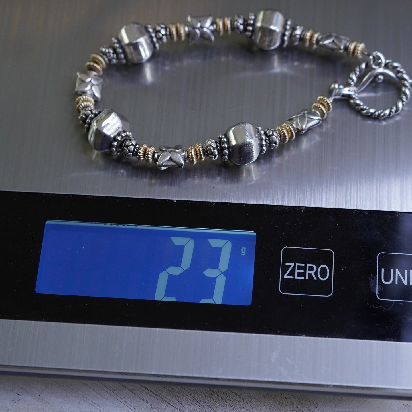 6.5”, Vintage two tone Sterling silver handmade bracelet, 925 chain with bead