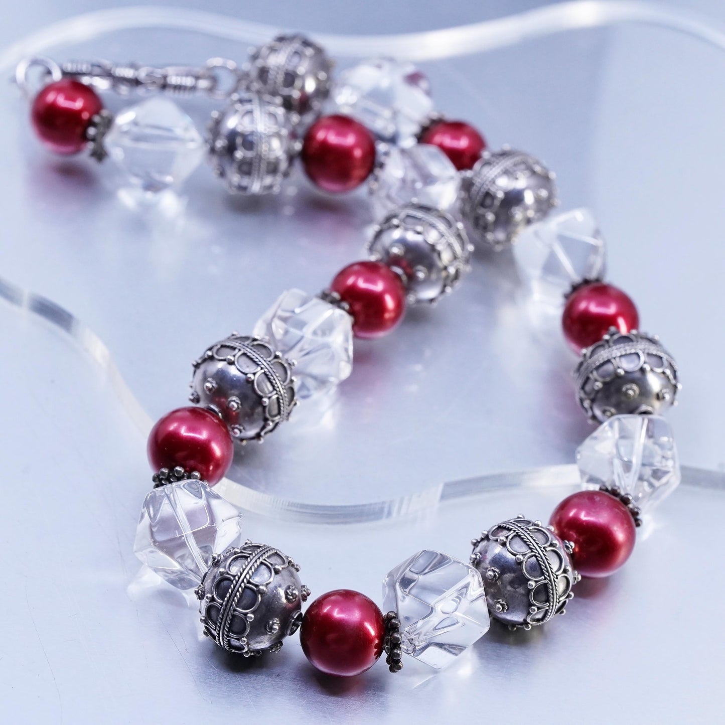 16", Sterling 925 silver chunky necklace with 17mm beads clear crystal nugget