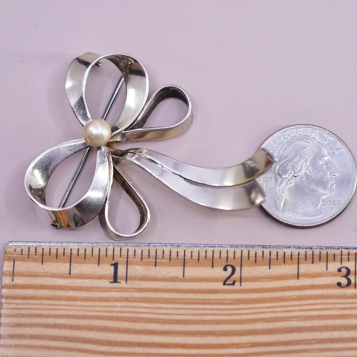 vermeil gold plated Sterling Silver Bow Brooch Pearl, Modernist Pin, Sculptural