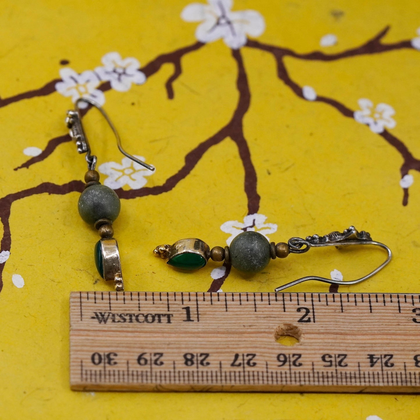 Vintage sterling silver 925 handmade cross earrings with teardrop jade