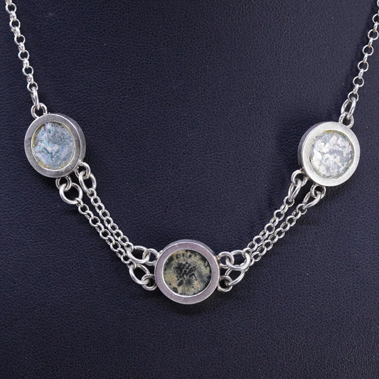 16", VTG Sarda Sterling silver necklace, 925 circle chain Roman glass pendant