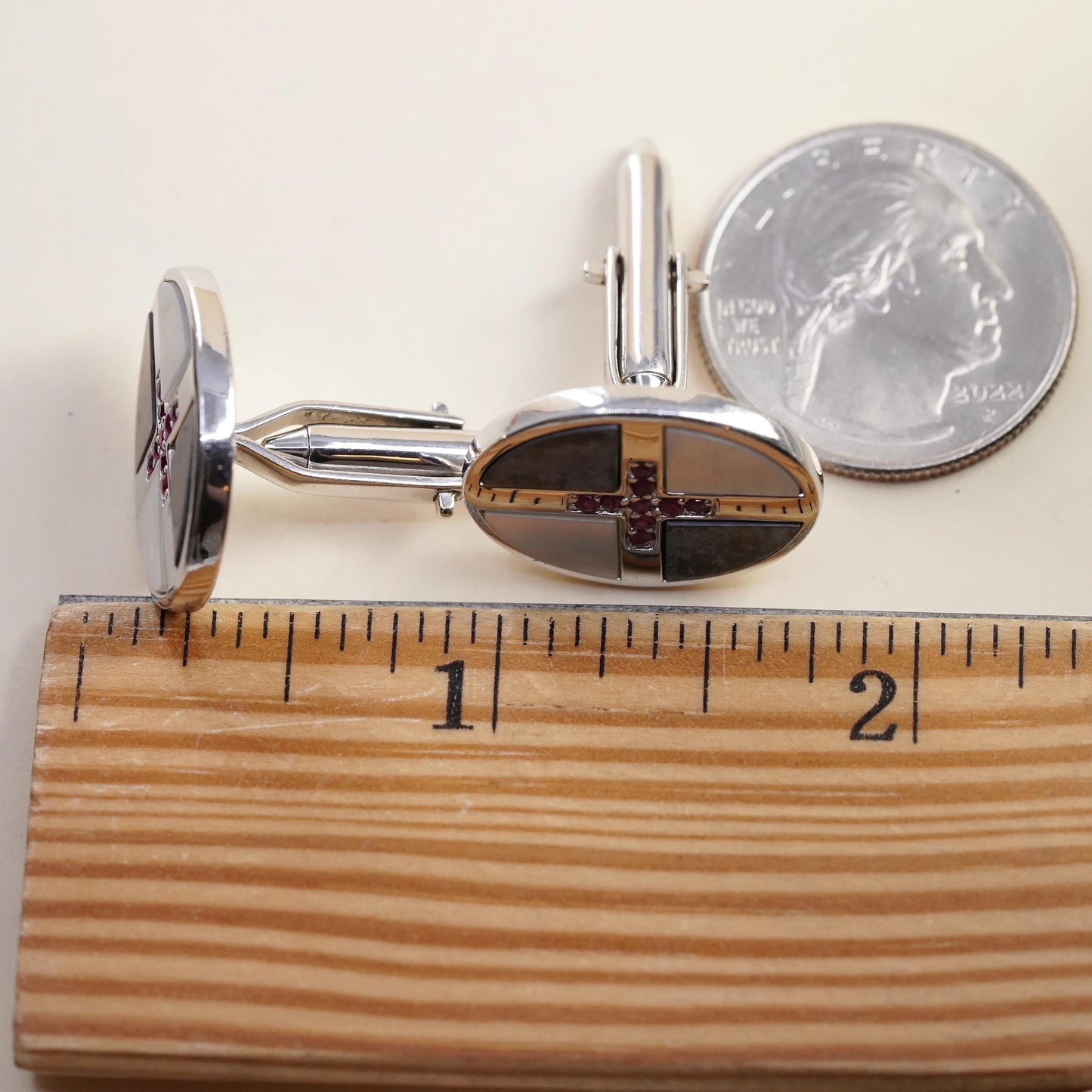 Vintage LG fine sterling silver cuff links 925 ruby cross cufflinks MOP abalone