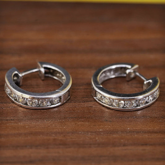 0.5", vintage Sterling silver handmade earrings, 925 huggie hoops w/ cluster cz