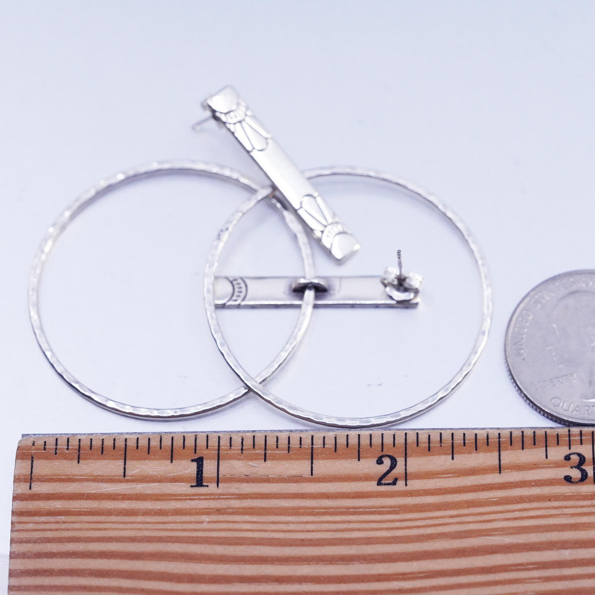 1.75", vintage Sterling silver handmade earrings, textured 925 hoop dangles