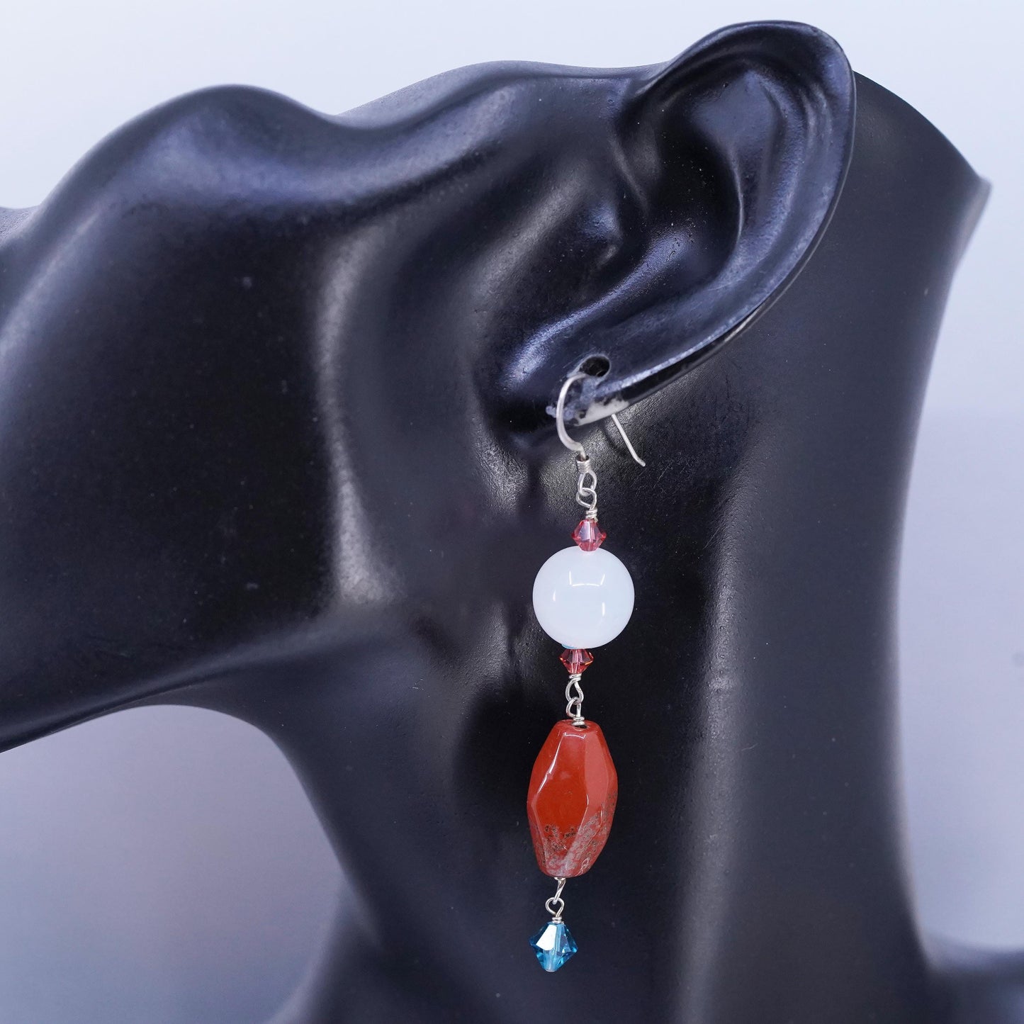Vintage Sterling Silver Handmade Earrings, 925 Silver Hook with Jasper nuggets