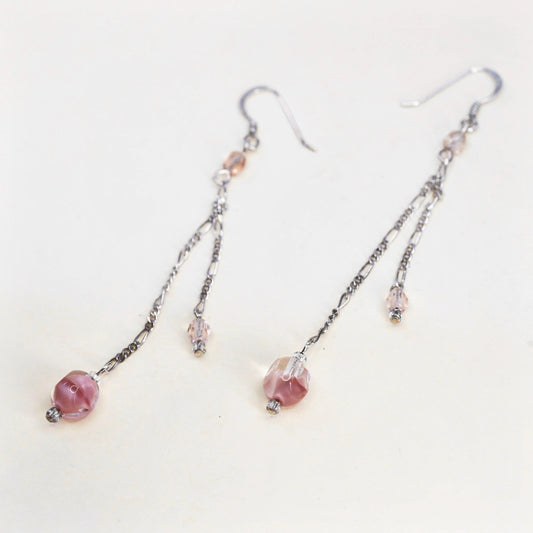 Vintage Sterling silver earrings, 925 figaro chain pink artisan glass drops