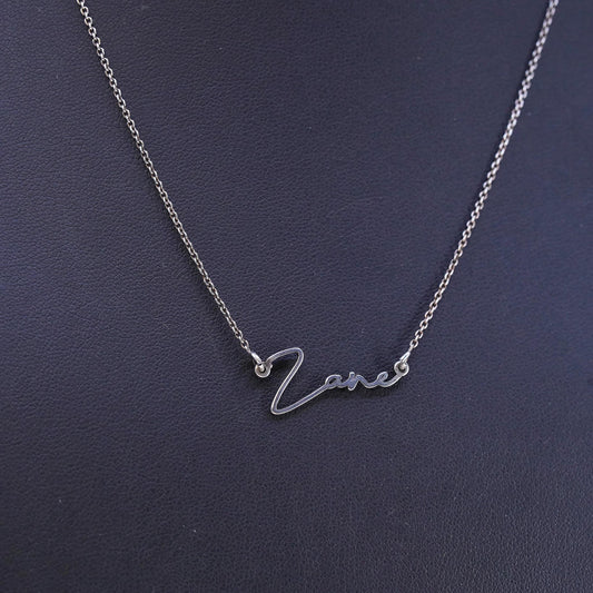14+2", VTG sterling silver handmade necklace, circle chain name Zane pendant