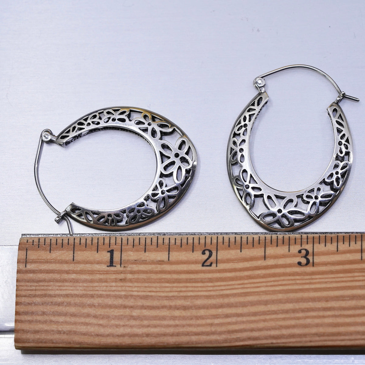 1.75", VTG Sterling silver filigree earrings, 925 handmade oval huggie hoops