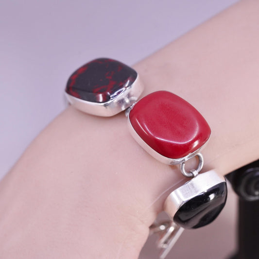 7", Mexican sterling 925 silver bracelet red onyx, bloodstone toggle closure