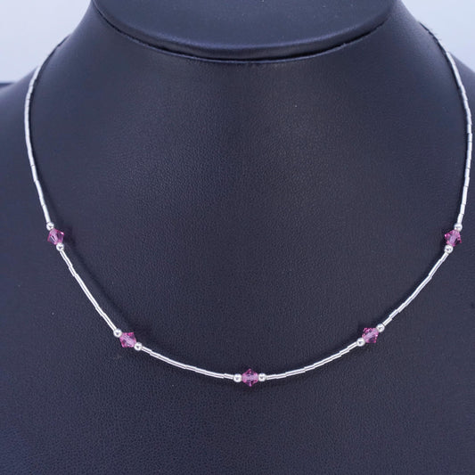 14”, Native American Sterling 925 liquid silver necklace pink crystal beads