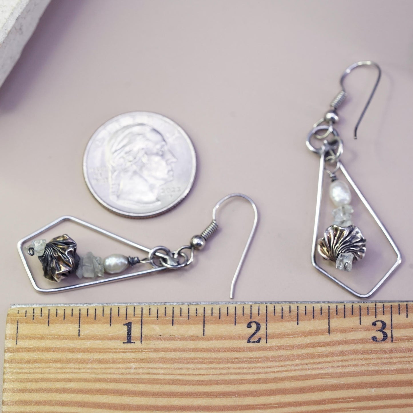 Vintage Sterling silver Handmade earrings, 925 teardrop dangled w/ pearl beads