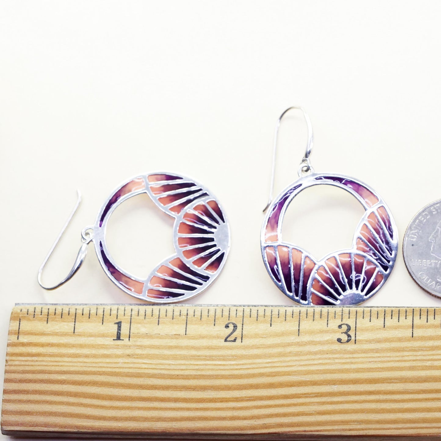 Vintage sterling silver handmade earrings, 925 abstract circle with pink enamel