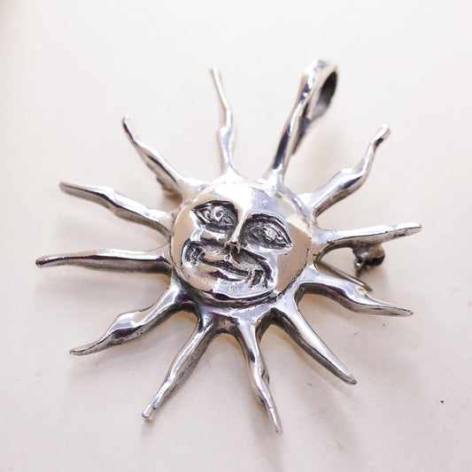 Vintage Mexican Sterling silver handmade sun face pendant, 925 brooch