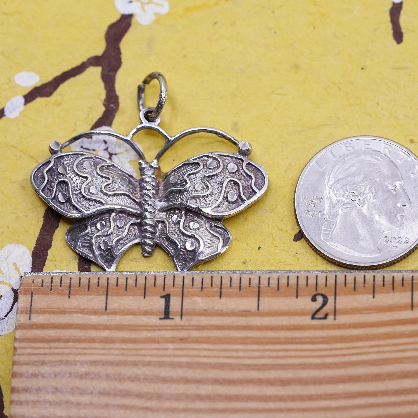 Vintage Sterling 925 silver handmade textured butterfly charm pendant