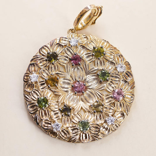 Vintage gold plated Sterling 925 silver textured flower pendant multi gemstones